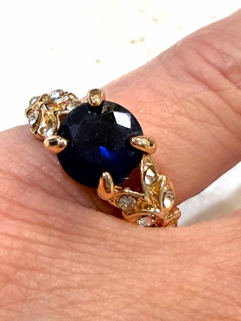 Gold Ring with Deep Blue Sapphire-Cut Center Stone Size 5.5